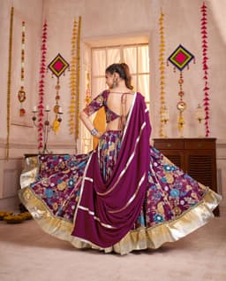 Purple Printed Viscose Cotton Mirror Work Navratri Lehenga Choli
