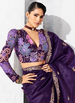 Royal Purple Glass Tissue Organza Saree for Wedding Reception