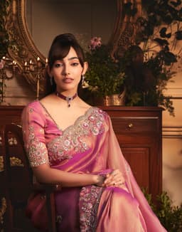 Rose Pink Tissue Organza Saree with Heavy Stone Work
