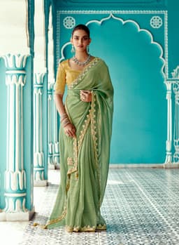 Sage Green Organza Saree with Floral Embroidery Border