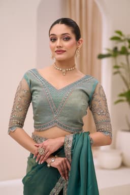 Teal Sunshine Tissue Embroidered Party Saree