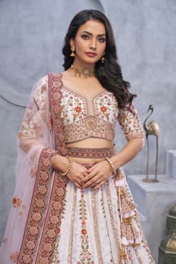 Ivory Purple Peacock Embroidered Banarasi Silk Lehenga