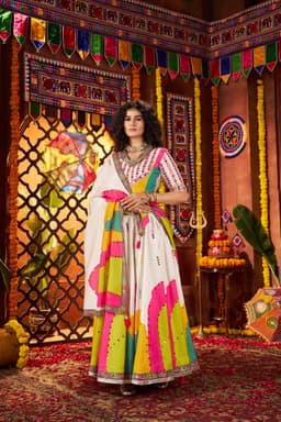 White Gaji Silk Mirror Work Navratri Lehenga Choli