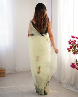 Lime Green Tropical Designer Print Organza Saree with Art Silk Blouse