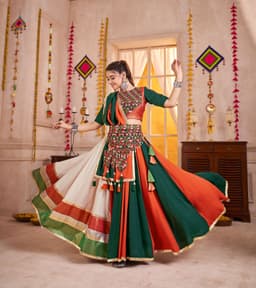 Green Orange Kutchi Patch Mirror Navratri Lehenga Choli