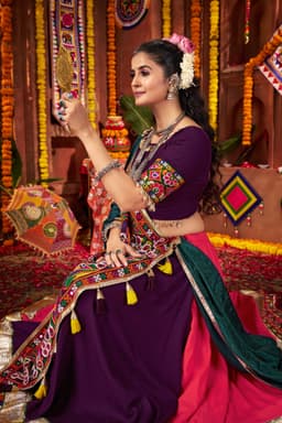Pink Purple Viscose Cotton Navratri Lehenga Choli with Kutchi Work