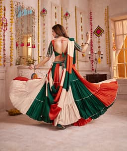 Green Orange Tiered Frill Navratri Lehenga Choli