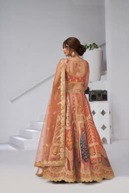 Rust Orange Raw Silk Peacock Motif Wedding Lehenga