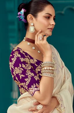 Cream Oraganza Silk Saree with Light Floral Embroidery – Elegant Festive Wear Saree