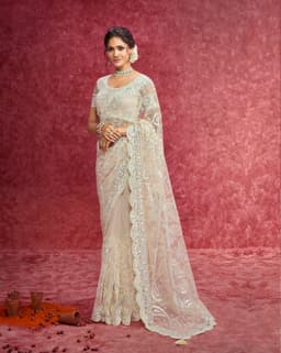 Off-White Heavy Net Saree with All-Over Embroidery – Bridal Party Wear Saree