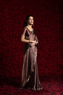 Brown Tissue Chiffon Handwork Jarkan Saree – Luxury Party Wear