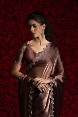 Brown Tissue Chiffon Handwork Jarkan Saree – Luxury Party Wear