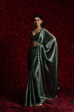 Emerald Green Tissue Chiffon Handwork Jarkan Saree – Designer Wear