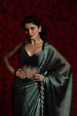 Emerald Green Tissue Chiffon Handwork Jarkan Saree – Designer Wear