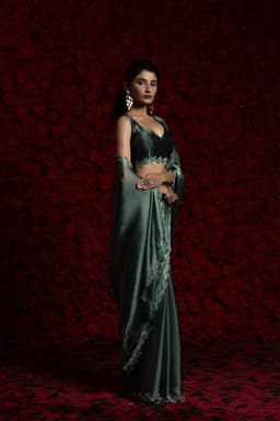Emerald Green Tissue Chiffon Handwork Jarkan Saree – Designer Wear
