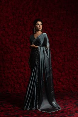 Grey Tissue Chiffon Handwork Jarkan Saree – Elegant Designer Wear