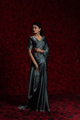 Grey Tissue Chiffon Handwork Jarkan Saree – Elegant Designer Wear