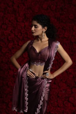 Wine Tissue Chiffon Handwork Jarkan Saree – Wedding & Festive Wear