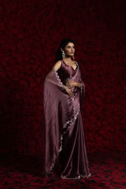 Wine Tissue Chiffon Handwork Jarkan Saree – Wedding & Festive Wear