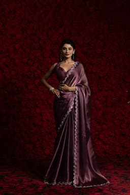 Wine Tissue Chiffon Handwork Jarkan Saree – Wedding & Festive Wear