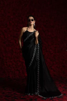 Black Tissue Chiffon Handwork Jarkan Saree – Luxury Cocktail & Party Wear