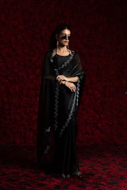 Black Tissue Chiffon Handwork Jarkan Saree – Luxury Cocktail & Party Wear