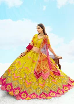 Mustard Yellow and Pink Designer Bridal Lehenga with Heavy Embroidery