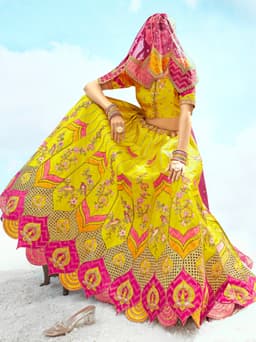 Mustard Yellow and Pink Designer Bridal Lehenga with Heavy Embroidery