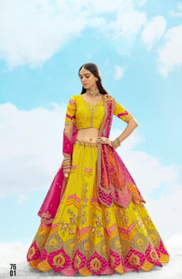 Mustard Yellow and Pink Designer Bridal Lehenga with Heavy Embroidery