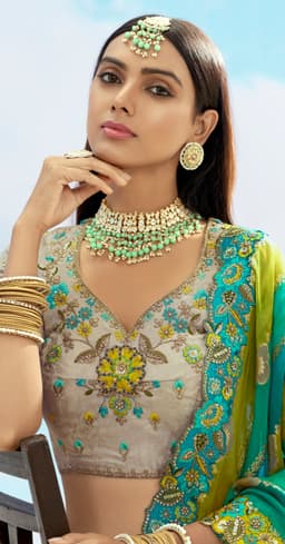 Grey and Teal Designer Bridal Lehenga with Heavy Embroidery