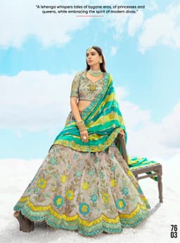 Grey and Teal Designer Bridal Lehenga with Heavy Embroidery