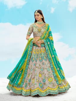 Grey and Teal Designer Bridal Lehenga with Heavy Embroidery