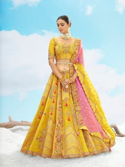 Yellow and Pink Designer Bridal Lehenga with Cutwork Border and Heavy Embroidery