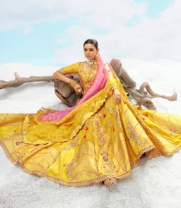 Yellow and Pink Designer Bridal Lehenga with Cutwork Border and Heavy Embroidery