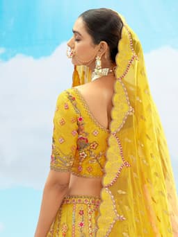 Yellow and Pink Designer Bridal Lehenga with Cutwork Border and Heavy Embroidery