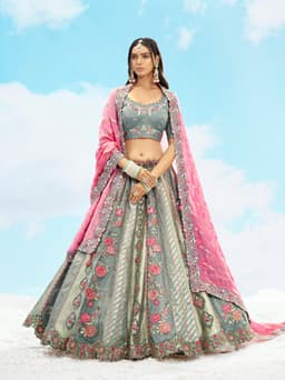 Sage Green and Pink Bridal Lehenga in Fancy Silk with Weaving Butti and Embroidery