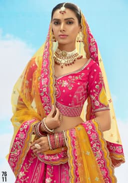 Rani Pink Bridal Lehenga with Yellow Dupatta and Heavy Embroidery Work