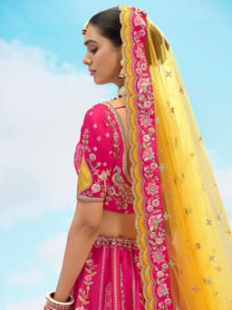 Rani Pink Bridal Lehenga with Yellow Dupatta and Heavy Embroidery Work