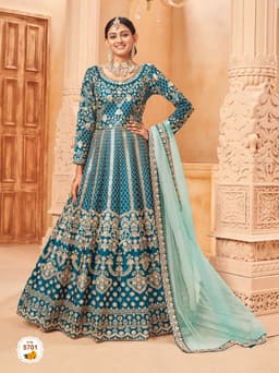 Teal Blue Art Silk Anarkali Gown with Heavy Gold Embroidery