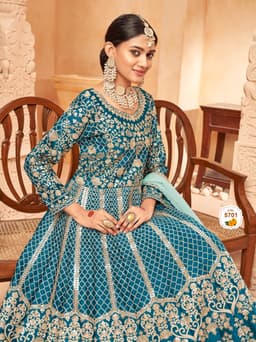 Teal Blue Art Silk Anarkali Gown with Heavy Gold Embroidery