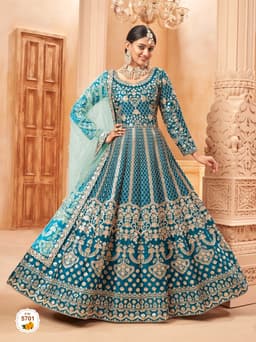 Teal Blue Art Silk Anarkali Gown with Heavy Gold Embroidery