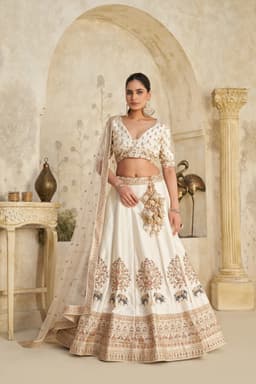Ivory Silk Embroidered Lehenga Choli with Elephant Motifs