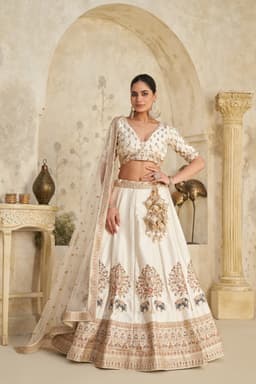 Ivory Silk Embroidered Lehenga Choli with Elephant Motifs