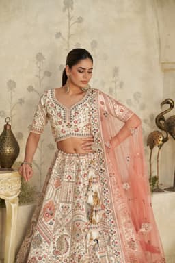 Cream Silk Embroidered Lehenga Choli with Pastel Motifs