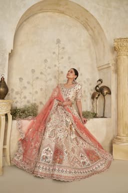 Cream Silk Embroidered Lehenga Choli with Pastel Motifs