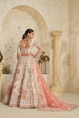Cream Silk Embroidered Lehenga Choli with Pastel Motifs