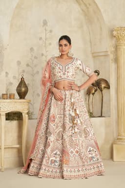 Cream Silk Embroidered Lehenga Choli with Pastel Motifs