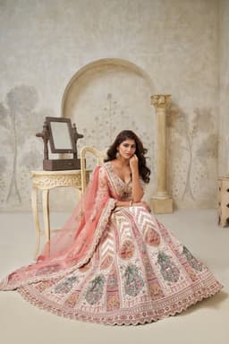 Cream Silk Heavy Embroidered Bridal Lehenga Choli with Heritage Motifs