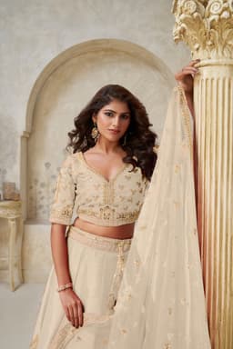 Cream Silk Embellished Lehenga Choli with Gold Work