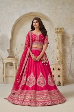 Pink Silk Embellished Lehenga Choli with Gold Work